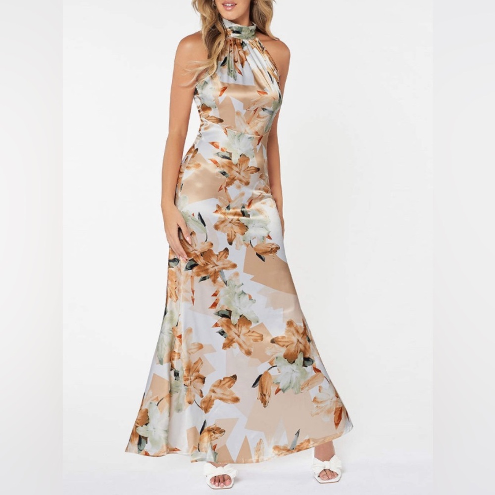 Azazie Yellow Deary Floral Print Halter Maxi Dress